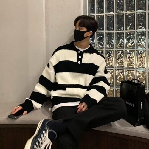 Casual trendy brand loose and versatile striped polo collar knitted sweater rhombus regular pullover long sleeve round neck washed