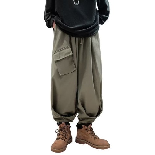 Design niche Japanese overalls men's autumn and winter fat men's large size loose wide-leg lantern dad pants