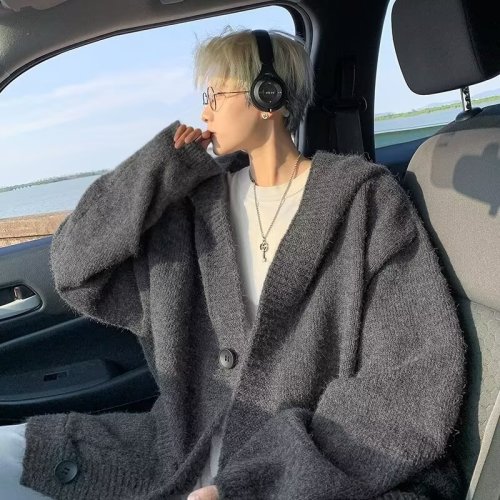 Hooded cardigan sweater men's autumn and winter lazy style loose casual knitted jacket top