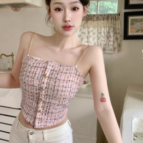 Hot girl French style one-shoulder chain camisole women's summer padded tube top with fishbone outer wear