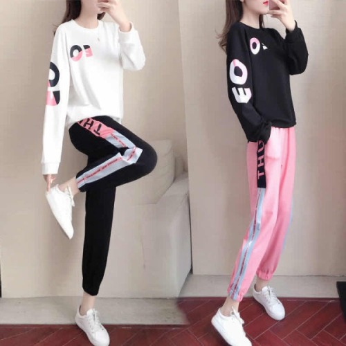 Long-sleeved sports suit for women, new spring and autumn fashion trend, loose Korean style casual sweatshirt, two-piece set, foreign style