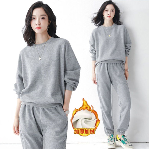 Velvet thickened waffle sports suit women's autumn and winter new fashion long-sleeved casual sweatshirt two-piece set