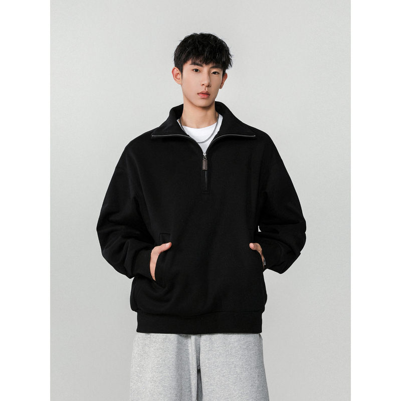 American simple heavyweight half-zip stand collar sweatshirt men's loose casual top