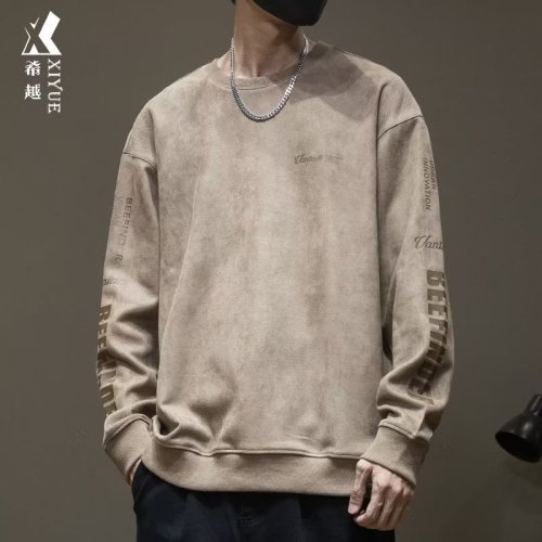 Suede sweatshirt men's spring and autumn heavy loose large size inner wear men's round neck long-sleeved bottoming shirt