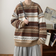 Trendy Fair Isle ethnic style lazy crew neck sweater