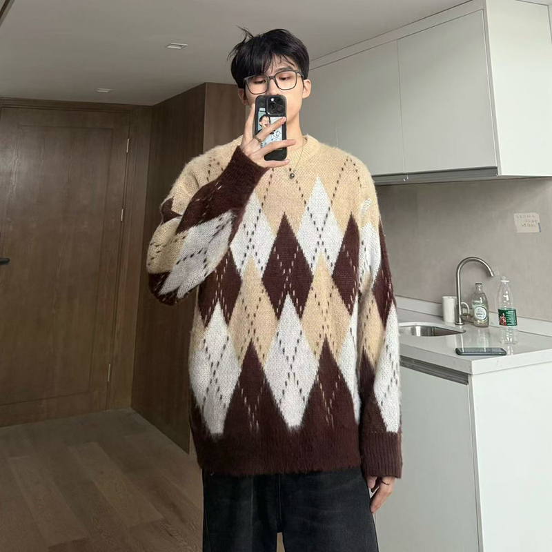 Men's crew neck sweater winter American fashion brand warm inner layering clothes high-end bottoming sweater