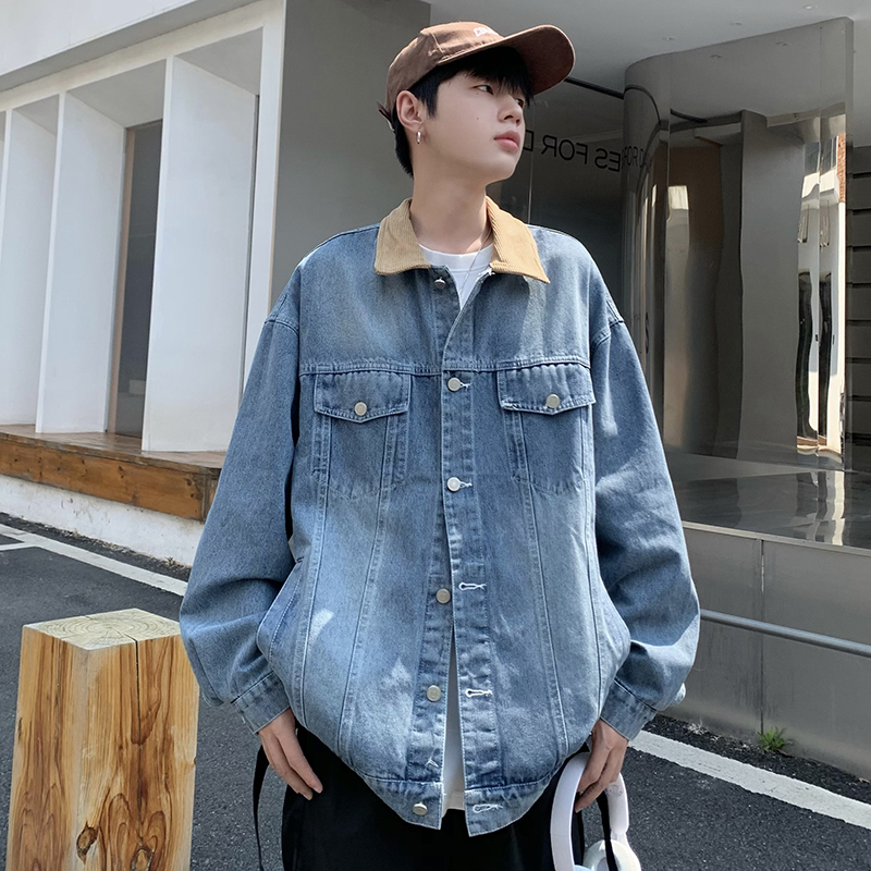 Spring and Autumn Casual Washed Distressed Denim and Corduroy Collar Jacket Large Size