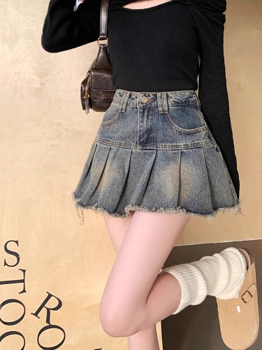 Summer denim skirt, new culottes, A-line skirt, high-waist pleated tutu skirt, mid-length skirt, umbrella skirt