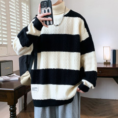 Sweater men's winter turtleneck striped sweater Korean style high-end fashion casual loose jacket