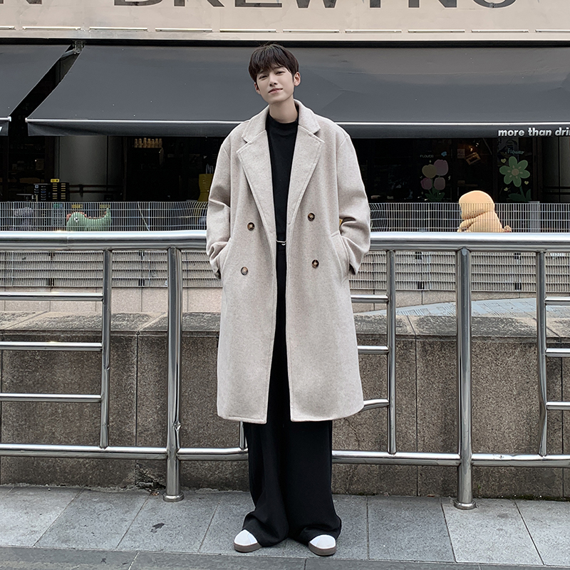 Long knee-length woolen coat, men's high-end handsome top, autumn and winter British style woolen windbreaker, mid-length coat