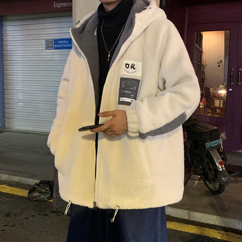 Winter lamb wool label hooded thickened Hong Kong style cotton coat for men