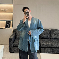 Retro versatile heavy-duty washed denim silhouette collarless blazer