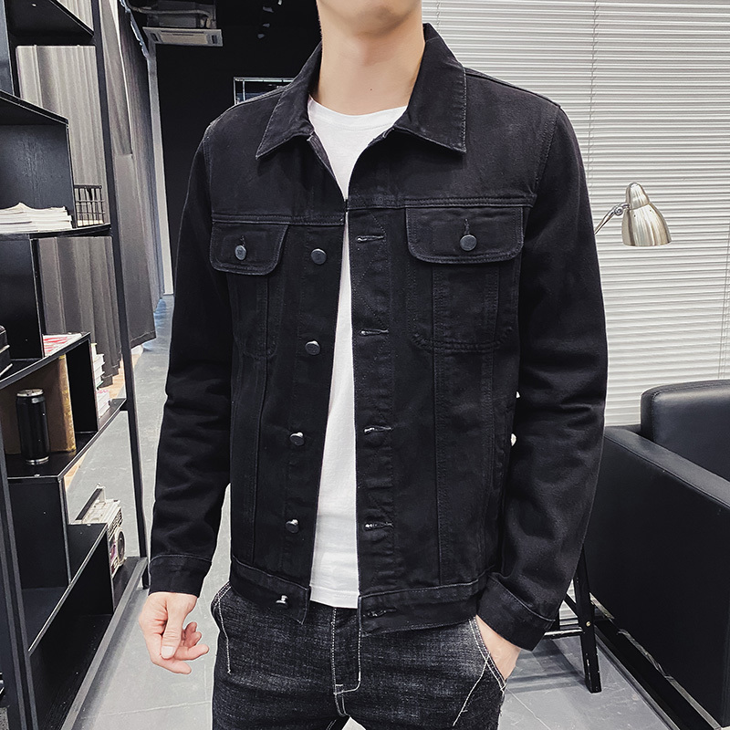 Black denim jacket men's trendy work jacket men's Korean style casual denim jacket
