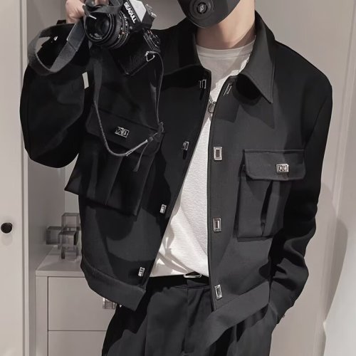 Teenagers short outer wear regular trendy lapel solid color daily jacket spring and autumn niche design metal buttons