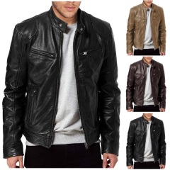 Added khaki zipper cardigan pocket PU leather stand collar biker suit slim leather jacket