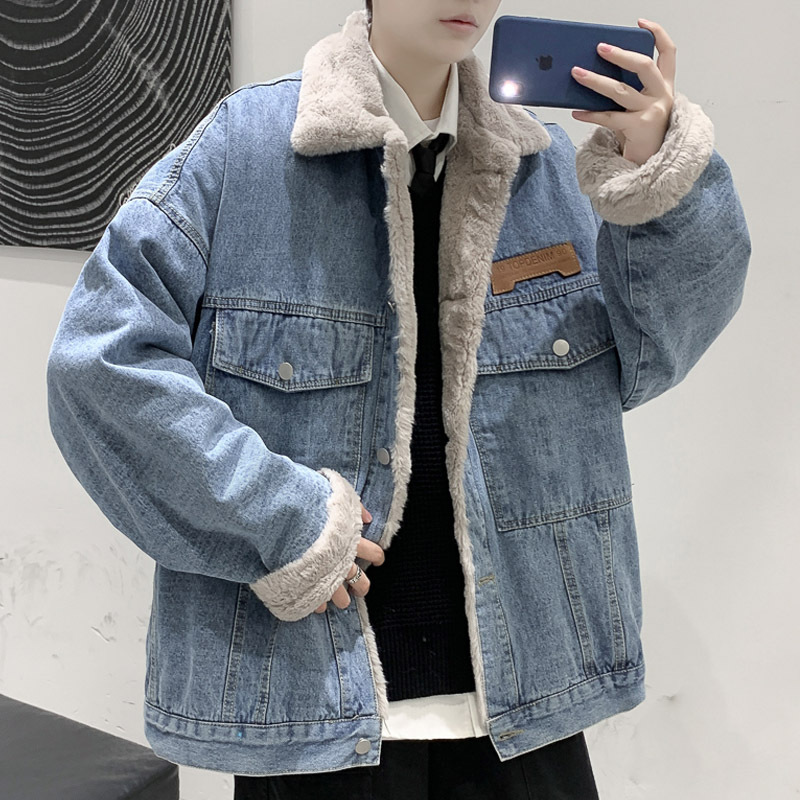 Winter new American style imitation rabbit fur cotton coat men's trendy loose plus velvet thickened denim cotton coat lamb velvet thick coat