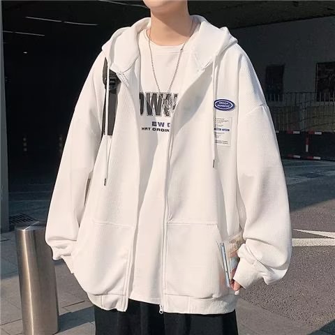Autumn waffle sweatshirt jacket men's cardigan zipper top loose hooded ins trend large size student jacket