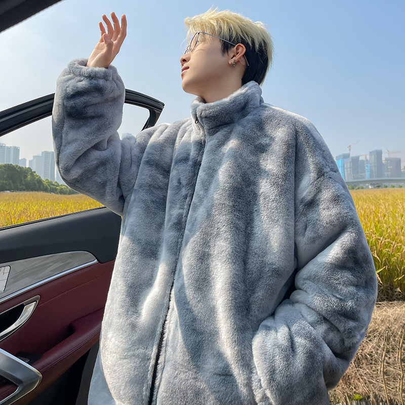Imitation rabbit fur tie-dye plus cotton thickened warm lamb wool cotton coat for men