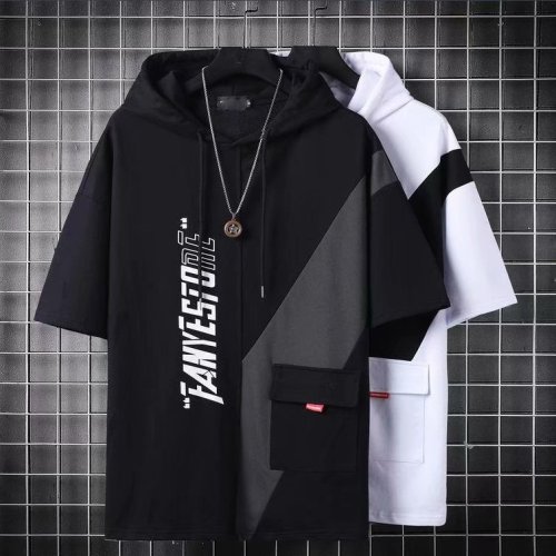 Summer casual new hooded short-sleeved T-shirt men's thin design half-sleeved spliced sweatshirt men's clothing