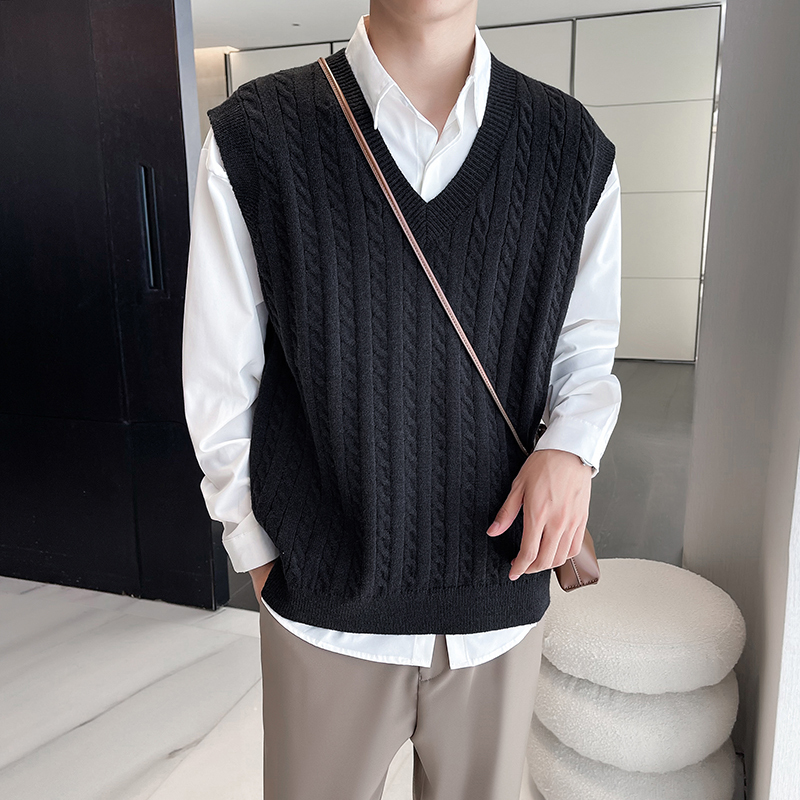Trendy hemp pattern layered sleeveless waistcoat V-neck loose woolen men's vest