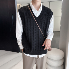Trendy hemp pattern layered sleeveless waistcoat V-neck loose woolen men's vest