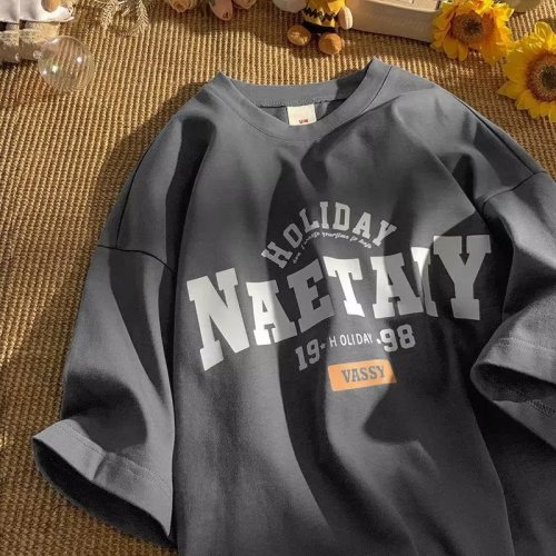 Summer round neck men's American retro trendy brand letter printed short-sleeved national fashion versatile loose couple bottoming T-shirt