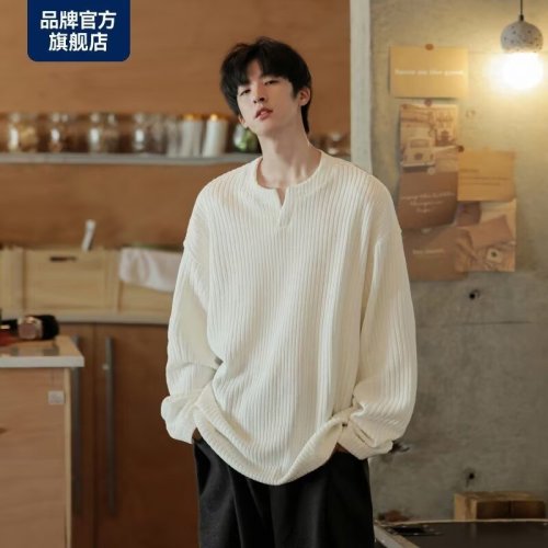 Adolescent pure color ins, loose V -neck spring V -neck long sleeve t -shirt men's spring and autumn laziness style, full wave