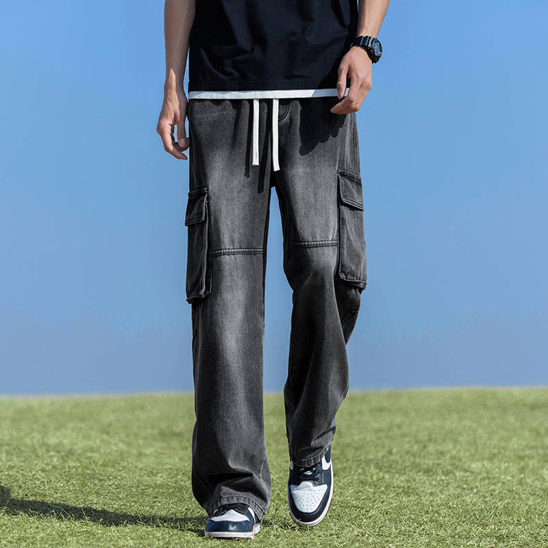 Cargo jeans for men with three-dimensional pockets, elastic waist and elasticated loose straight pants