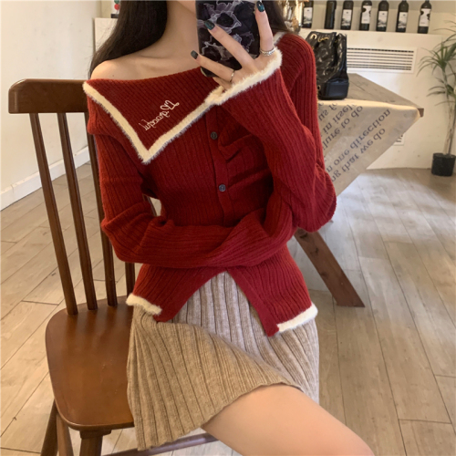 New Year's wear one-shoulder red sweater for women autumn and winter new slim fit short inner sweater top