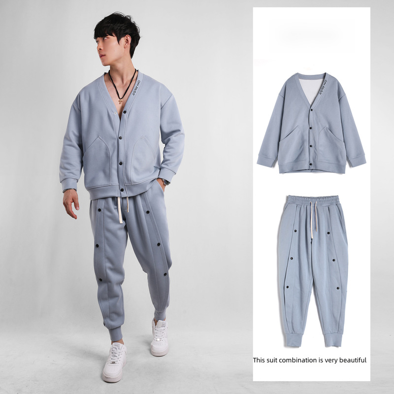 Thick spring and autumn men's long -sleeved jacket Simple cardigan set Casual large size long trousers outdoor V -neck new trend