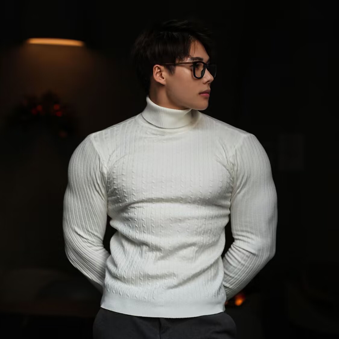Men's high -necked knit sweater solid color twisting flowers autumn base shirt warm sweater