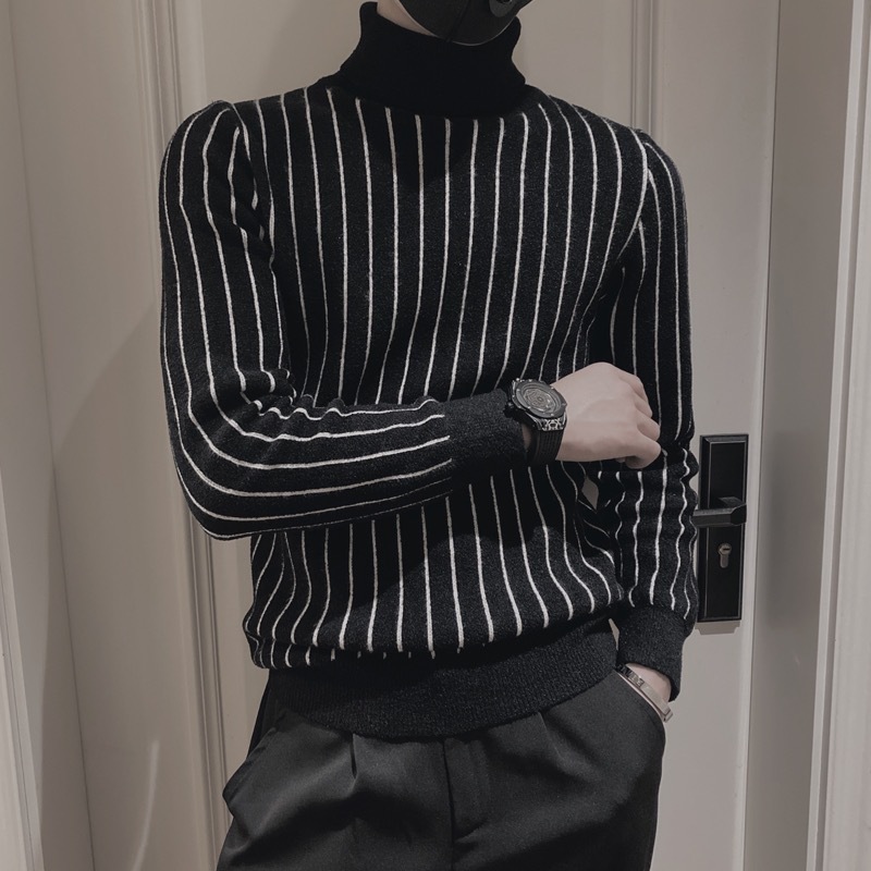 Keep warm high -necked sweater men's casual striped stripes handsome slim sweater tide brand wild inner top