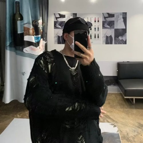 Fake two pieces of sweaters men's winter ripped hollow tide tide brand double -sided wearing knitwear lazy wind jacket high -level sense