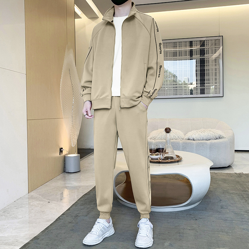 Spring new young men's cardigan printed sweater two -piece sports suit