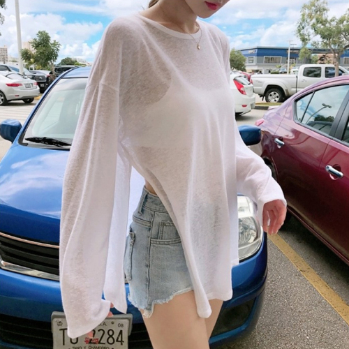 Summer round neck hollow top loose thin long-sleeved T-shirt women's sun protection cover-up