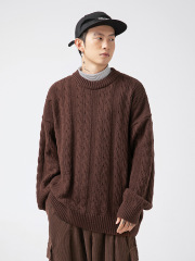 Hanlu Japanese men's cable-knitted solid color round neck sweaters for men and women in autumn and winter loose retro knitted sweater jackets