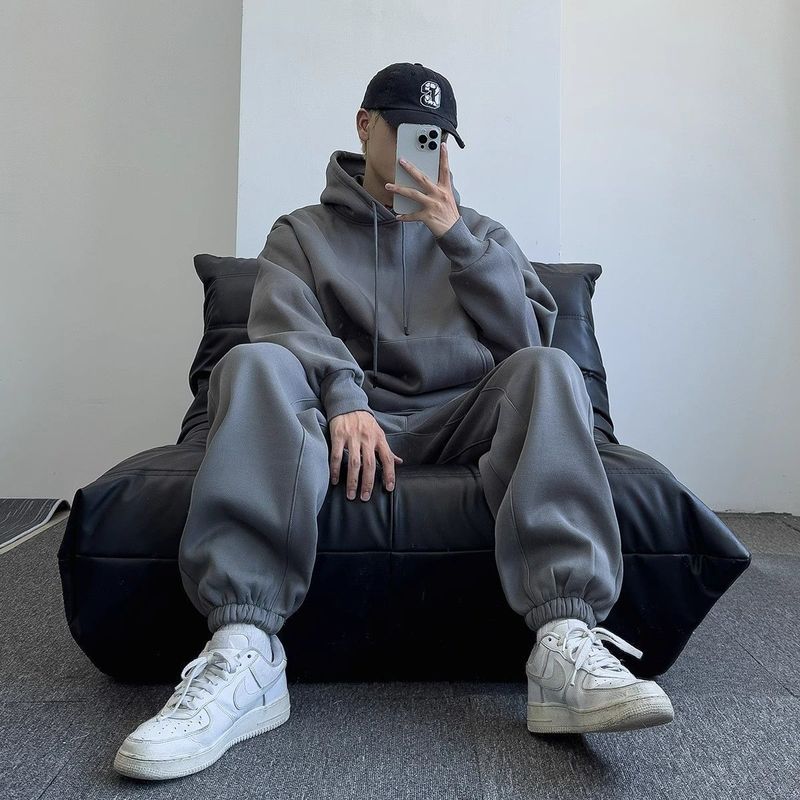 Casual two-piece set for boys, simple and high-end street loose, velvet and thickened sweatshirt sports suit