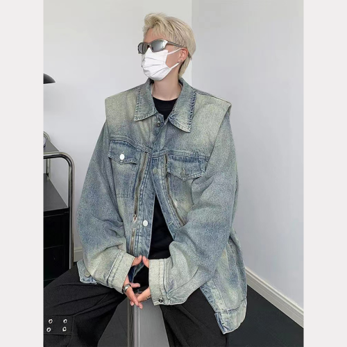 Retro design sense niche American -style washing denim jacket Men's spring and autumn ins Tide brand couple high -level sensor jacket