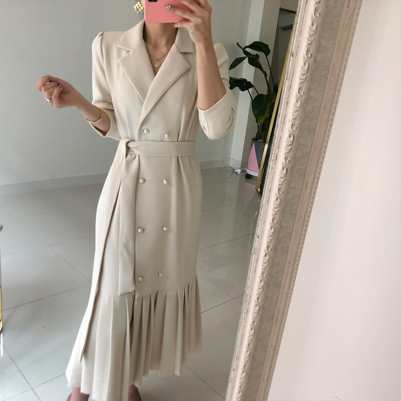Elegant Hepburn style fashionable suit collar professional dress mid-length over-knee pleated skirt