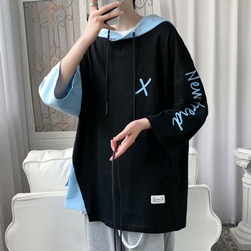 Summer hooded long-sleeved sweatshirt men's trend Korean style loose bat short-sleeved T-shirt men's ins long-sleeved