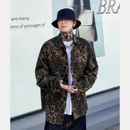 Spring retro high-end leopard pattern long-sleeved shirt men's niche metal button yuppie shirt jacket