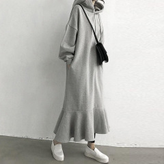 Temperament loose hooded sweatshirt dress over knee fishtail dress