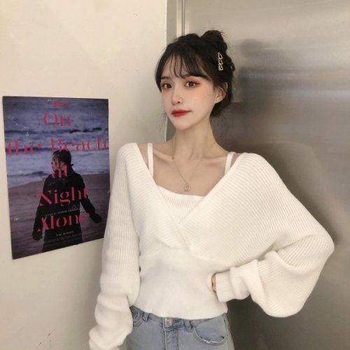 Autumn Korean version new design French niche waist-hugging and slimming fake two-piece off-shoulder long-sleeved sweater for women