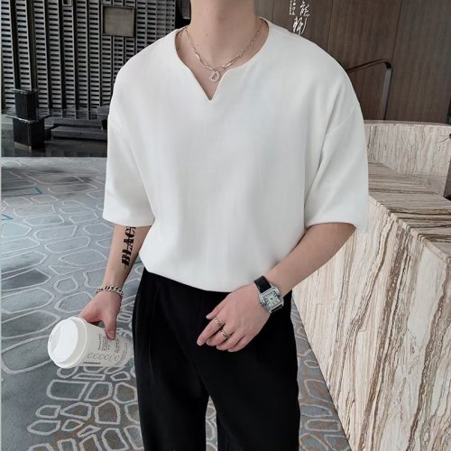 Standard short-sleeved trendy V-neck T-shirt zipper decoration city style and temperament summer men's fashion trendy brand youth trendy