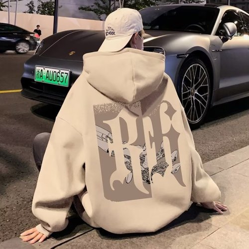 Hooded sweatshirt for men's spring and autumn new loose large size American heavyweight plus-velvet fashion brand hooded pullover jacket