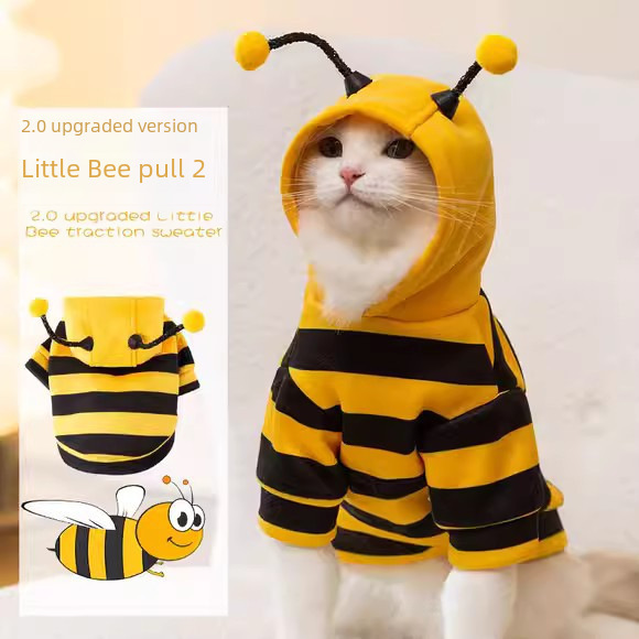 Spring and Autumn Cat Clothes Cute Little Bee Can Pull Thin Velvet Sweatshirt Adult Cat Kitty Teddy Pet Clothes