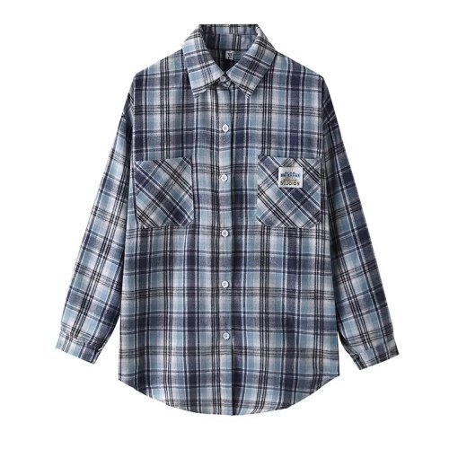 Large size American blue thin salt plaid shirt for women in summer fat girl slim and loose sunscreen cardigan jacket