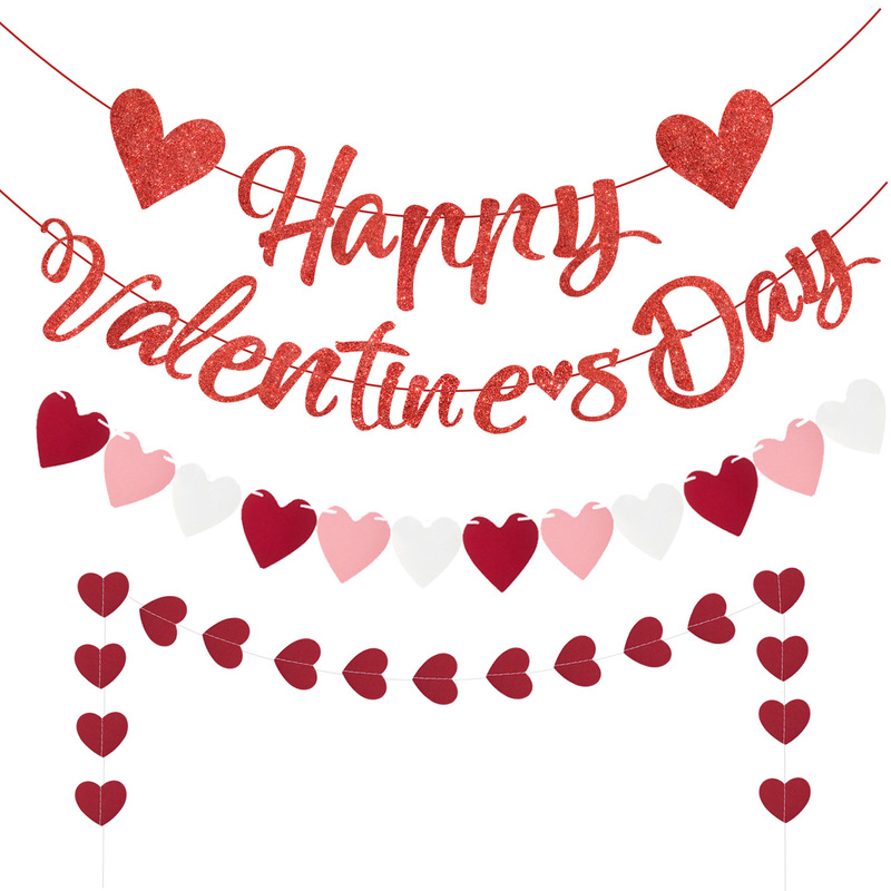 Valentines Day Flag-up Happy Valentines Day Love Heart Shining Red Flower Party Decoration Love Heart Flower
