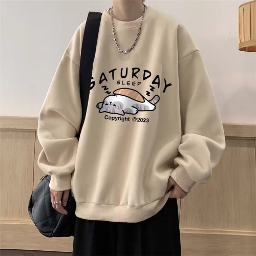 Round neck sweatshirt men's autumn and winter new Korean version loose and fashionable age-reducing printing plus velvet thick top trendy