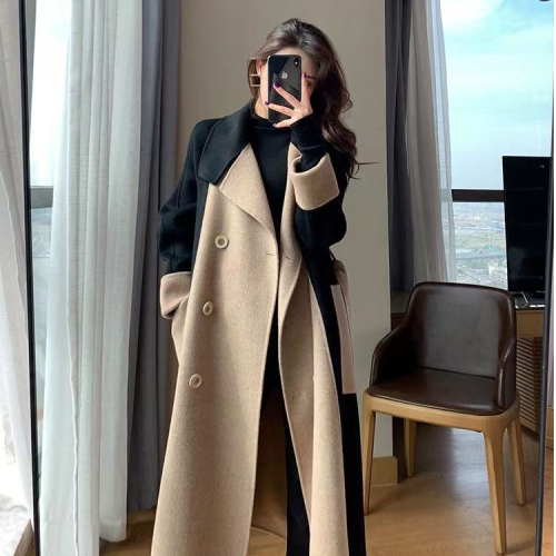 New winter double-sided wool color-blocking temperament Hepburn style slim woolen coat for women